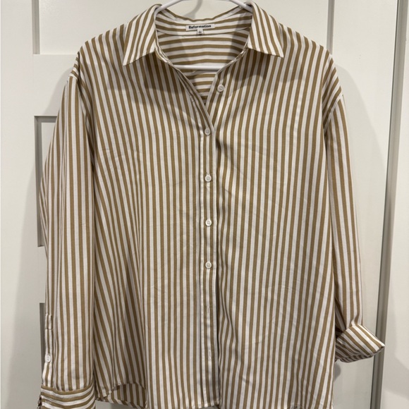 Reformation Tops - Reformation Tan & White Vertical Stripe Button-Down Shirt